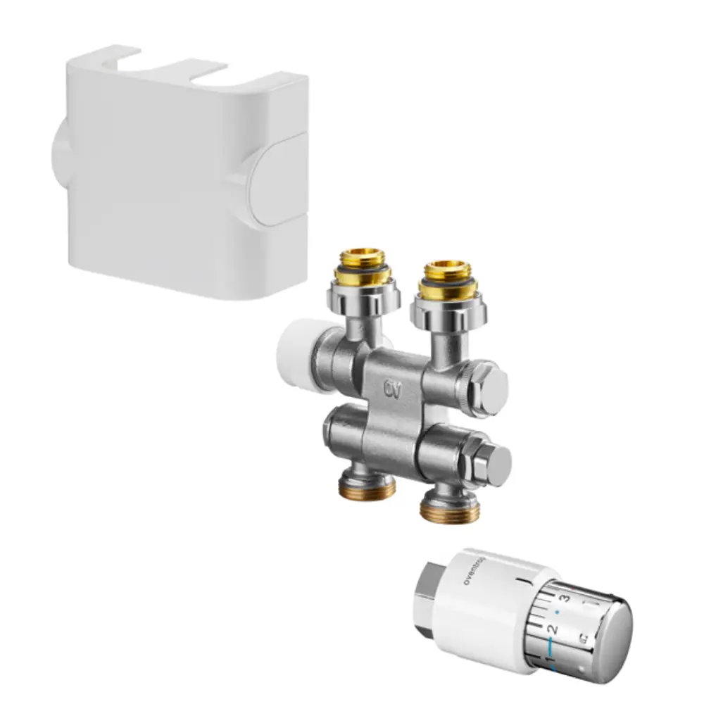Oventrop Set mit verschiedenen Komponenten: ein Multiblock, eine Designabdeckung und ein Thermostat in Weiß/Chrom für Heizkörperanschlüsse G 1/2 IG.